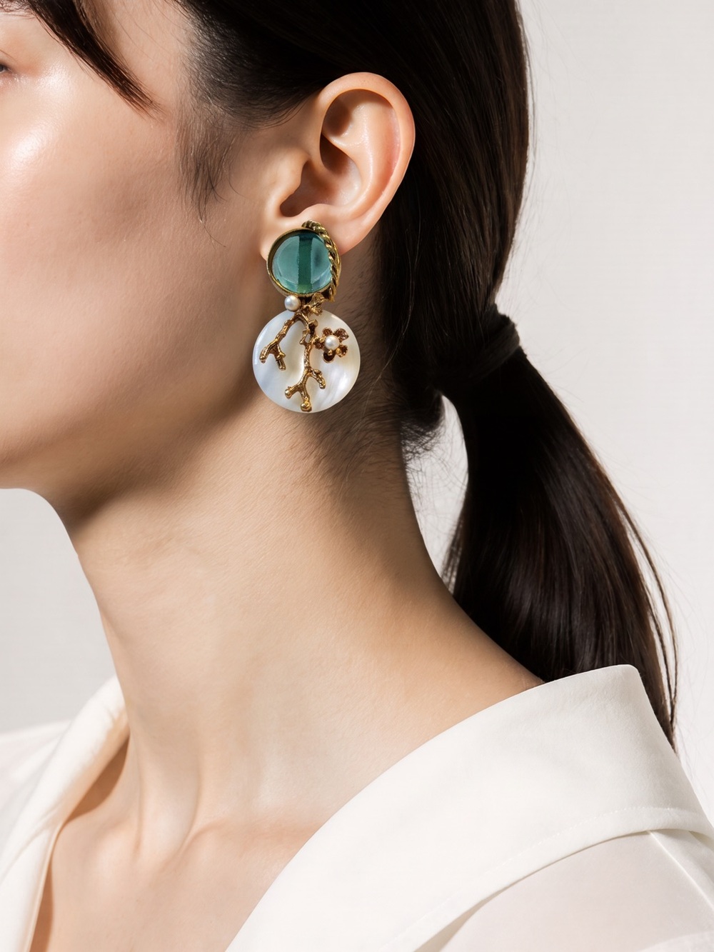 Artisan jewelry Gold Branch Drop Earrings with Mother-of-Pearl Disc